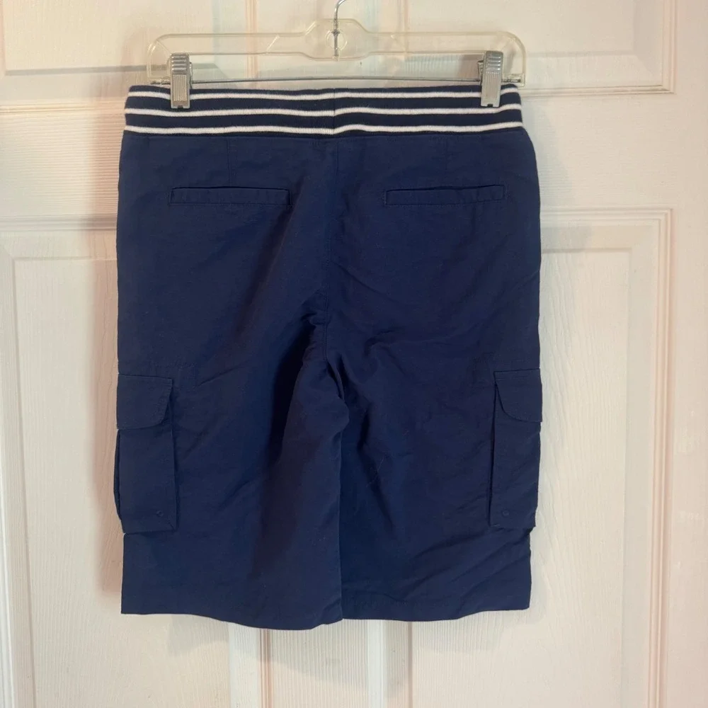 Lands End Adventure Cargo Shorts Boys L 14-16 Navy Blue Striped Waistband NEW